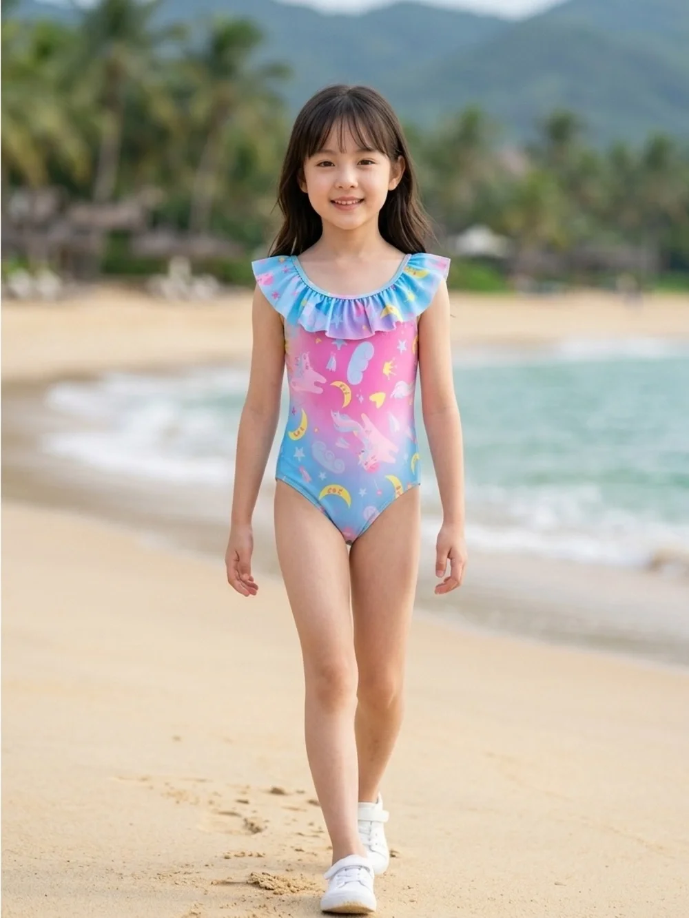 🚘 🆕 Ruffled Pink & Blue Kids One-Piece Swimsuit with Unicorn Print 6 yr